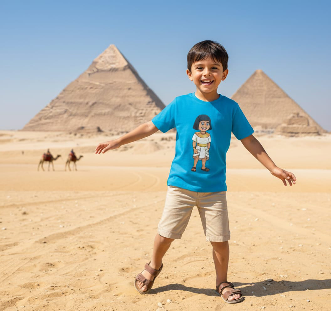 Child wearing a blue t-shirt with an illustration of an ancient Egyptian figure, standing in front of pyramids and camels.