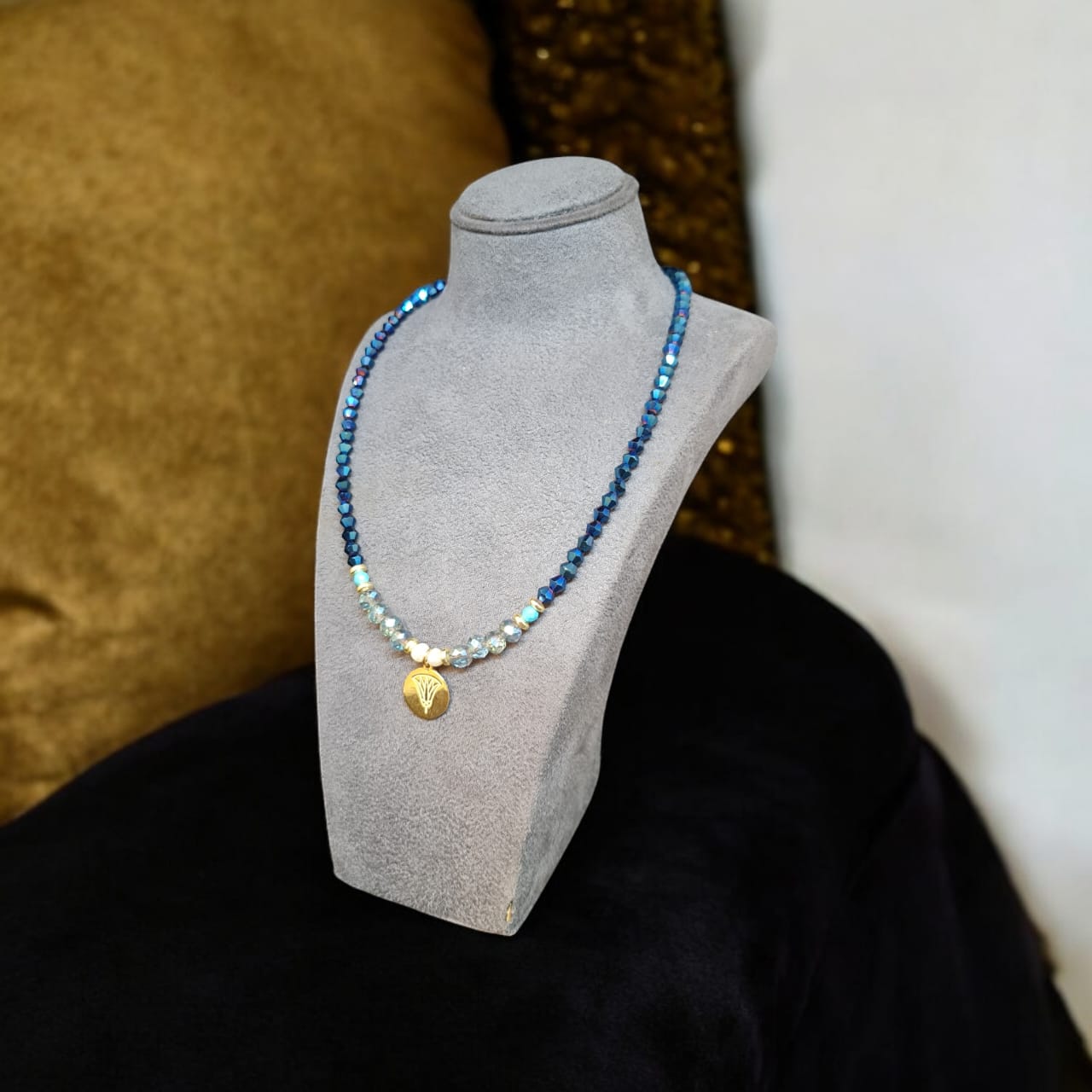 Crystal Beaded Necklace with Gold-Plated Lotus Pendant – Inspired by Egyptian Elegance