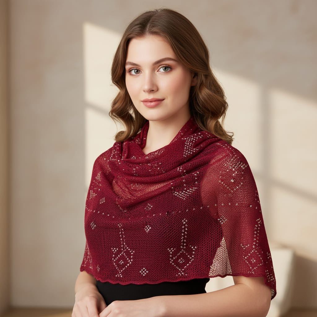 Woman wearing a red shawl with a subtle pattern against a neutral background