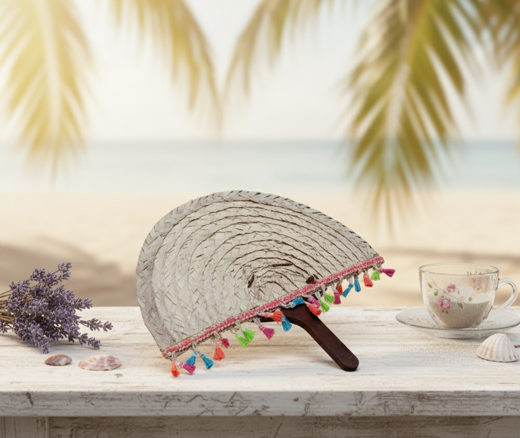 Decorative fan with colorful tassels on a wooden surface with a blurred beach background