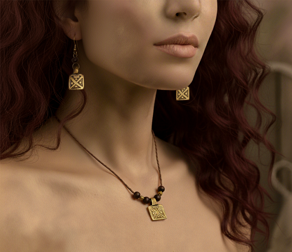 Close-up of a woman wearing gold earrings and a necklace with a pendant.