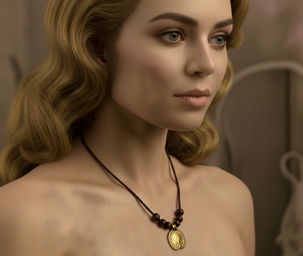 Woman wearing a necklace with a pendant, set against a neutral background