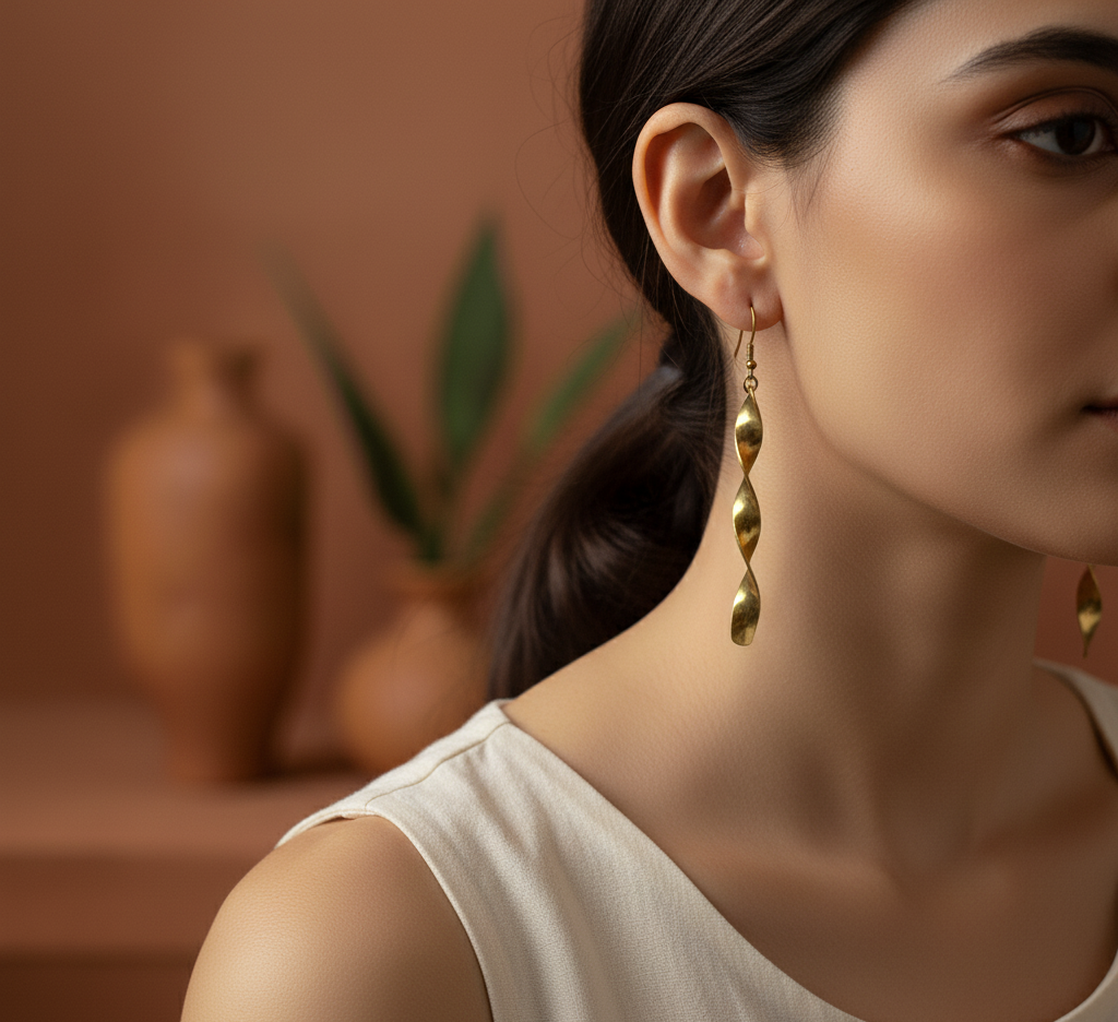 Close-up of a woman wearing gold earrings with a blurred indoor setting.