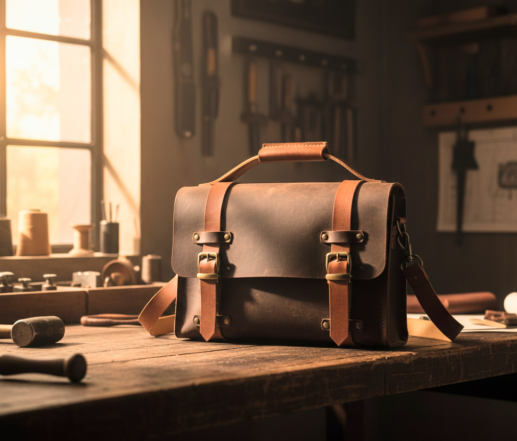 Brown leather satchel on a wooden workbench with tools in the background