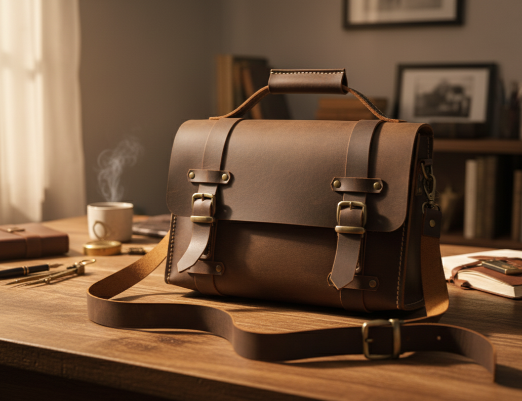Brown leather satchel bag on a wooden desk with a warm ambiance