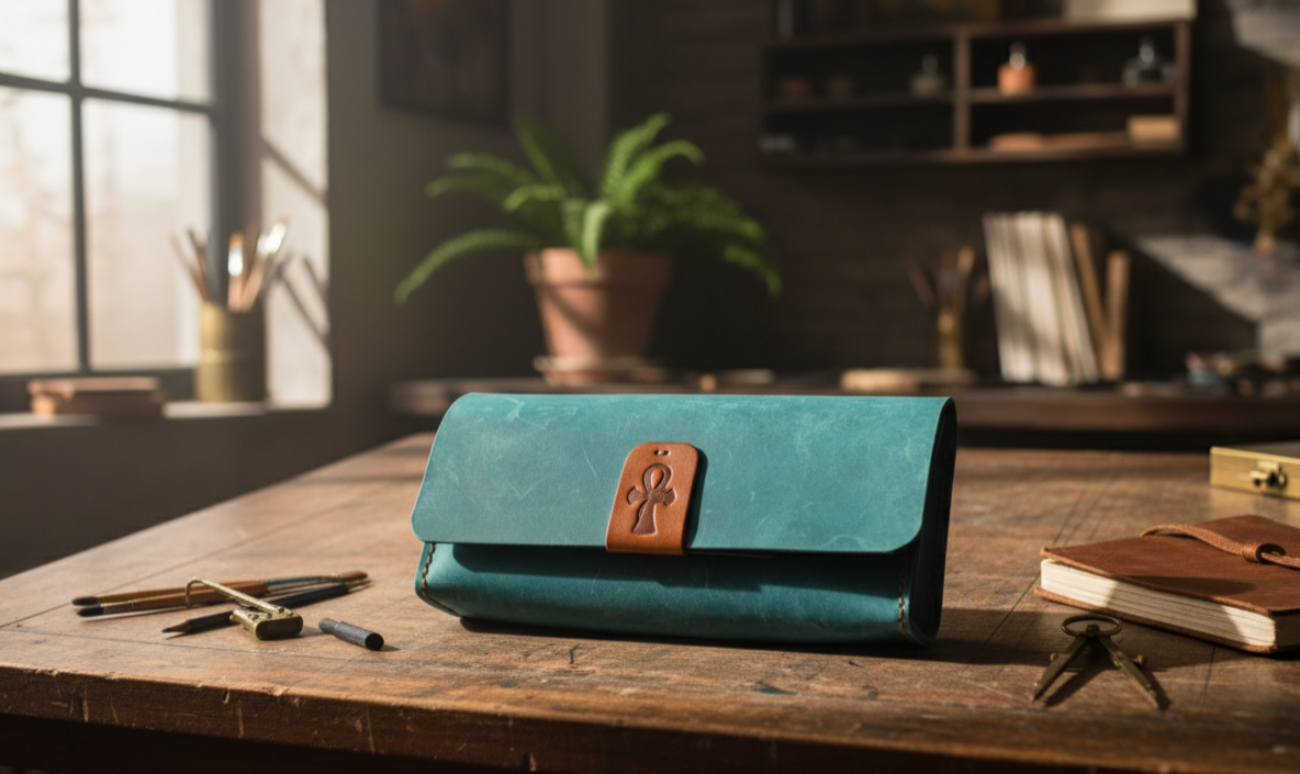 Teal clutch bag with brown leather patch on a wooden table in a room with plants and books.