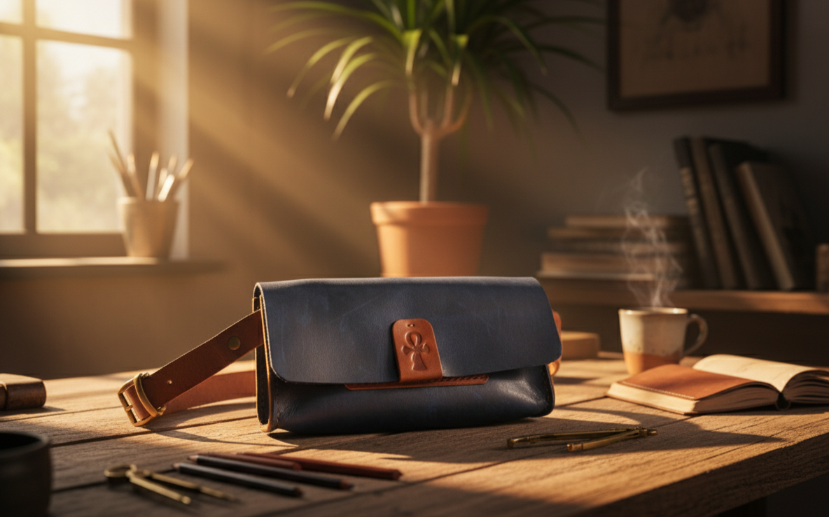 Blue leather bag on a wooden desk with a cozy room setting