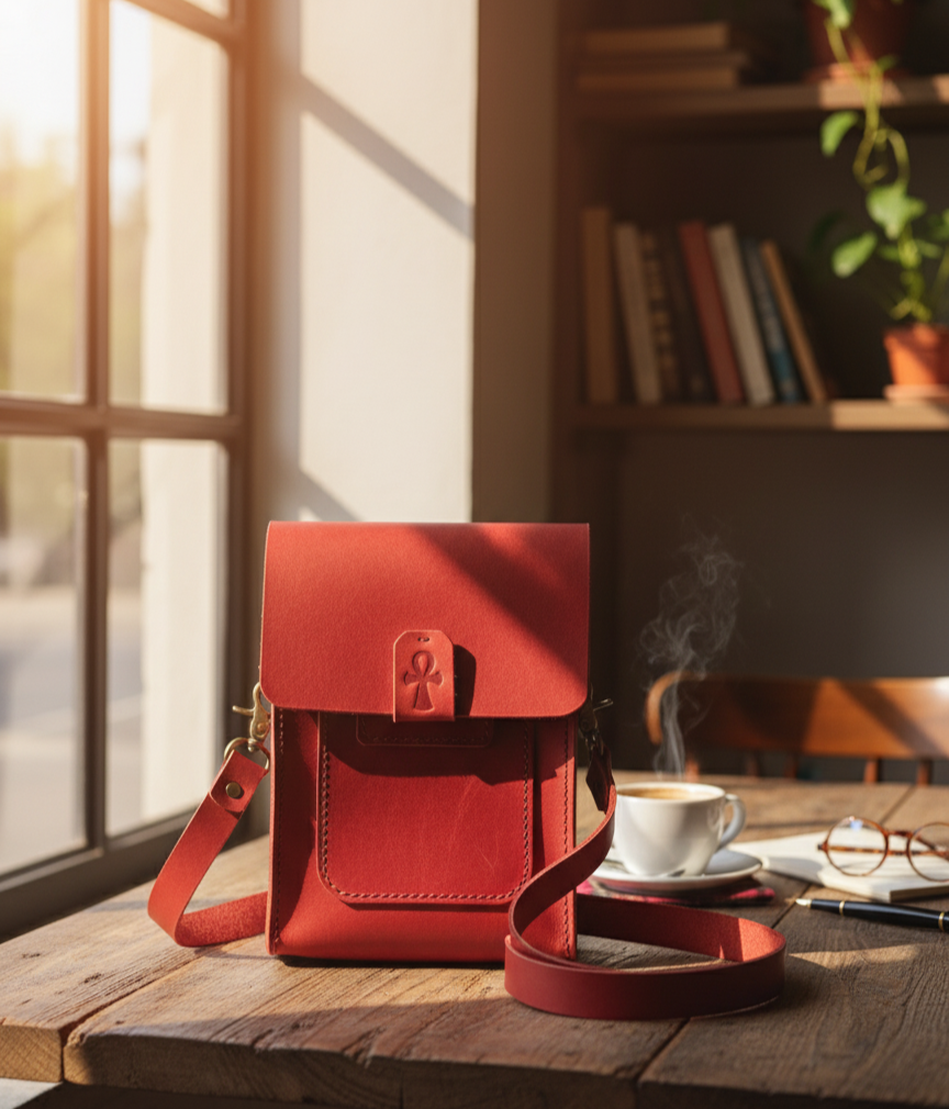 Red leather bag on a wooden table with a cup of coffee and books in the background