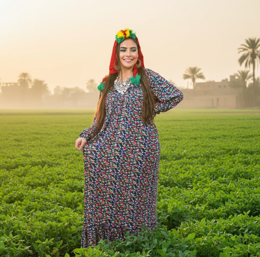 Traditional Fallahi Gallabia (Jellabiya) - Floral - Egyptian Traditional Dress for women by Ankh