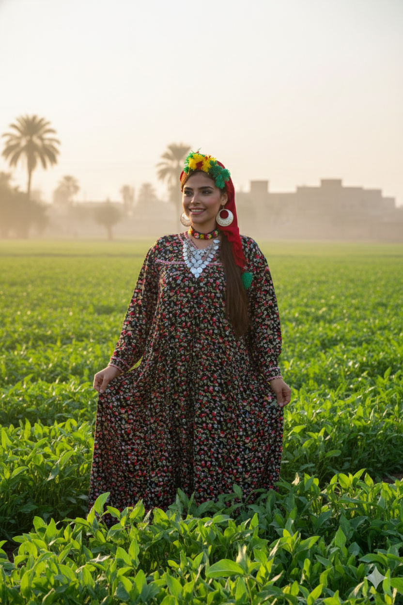 Traditional Fallahi Gallabia (Jellabiya) - Floral - Egyptian Traditional Dress for women by Ankh