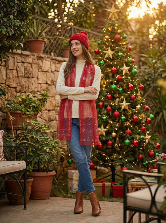 Woman standing in front of a decorated Christmas tree outdoors.