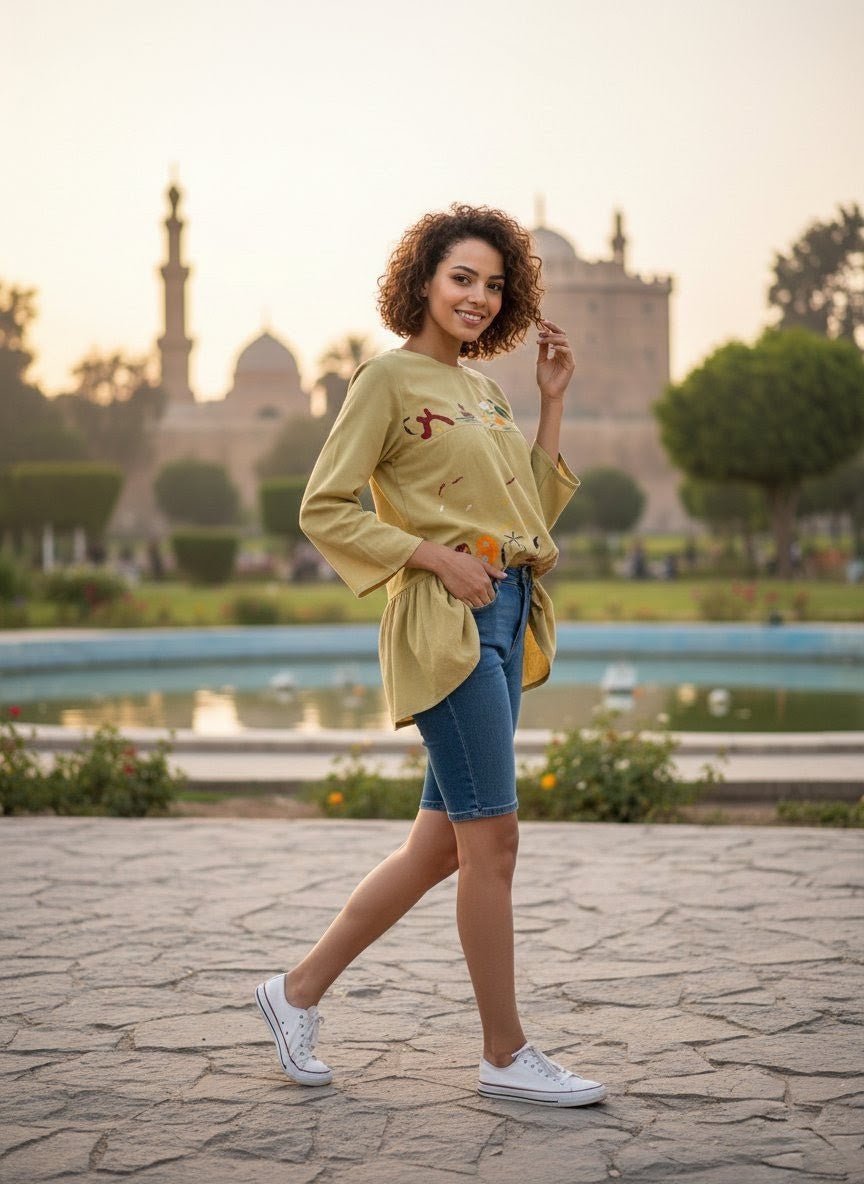 Hand-Made Cotton Blouse - Embroidered - Colorful Egyptian traditional designs M01