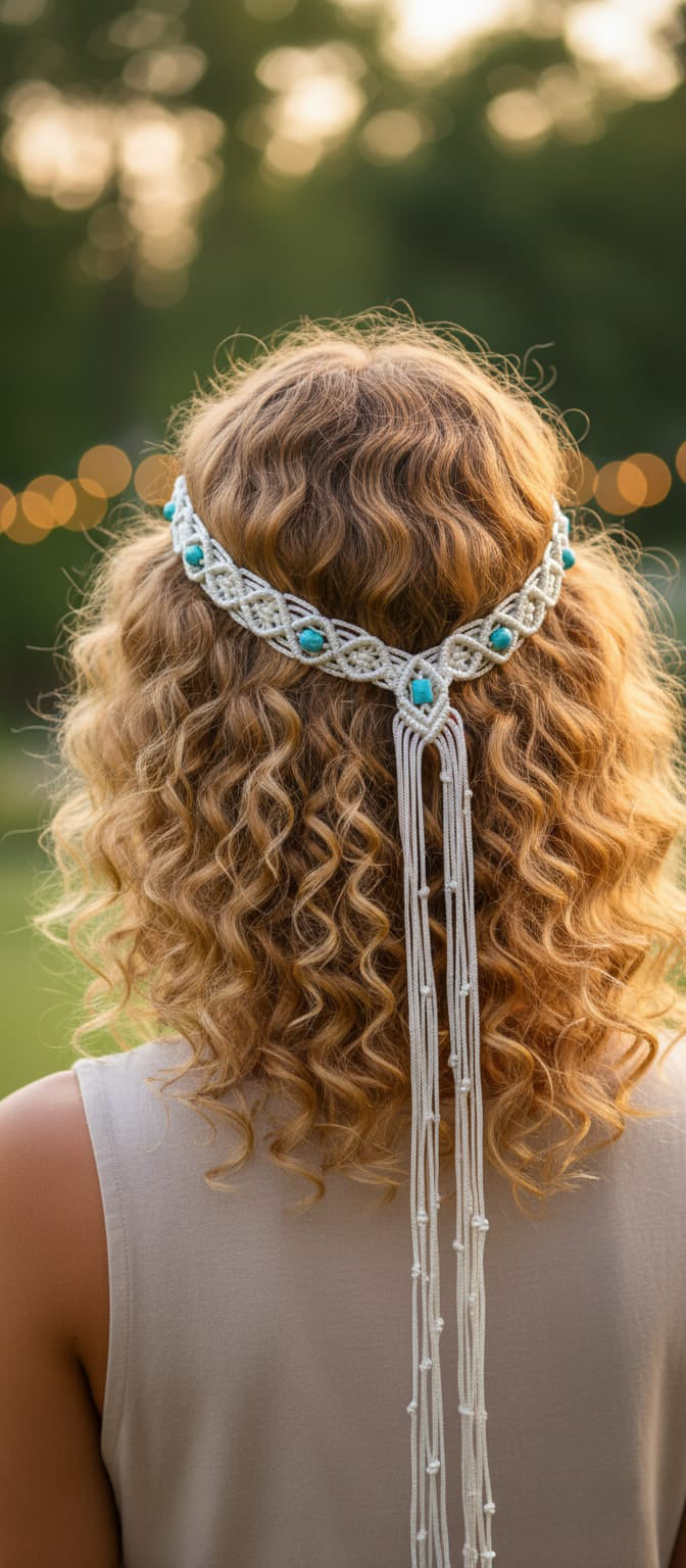 Person wearing a decorative headpiece with blue stones and white strings outdoors.