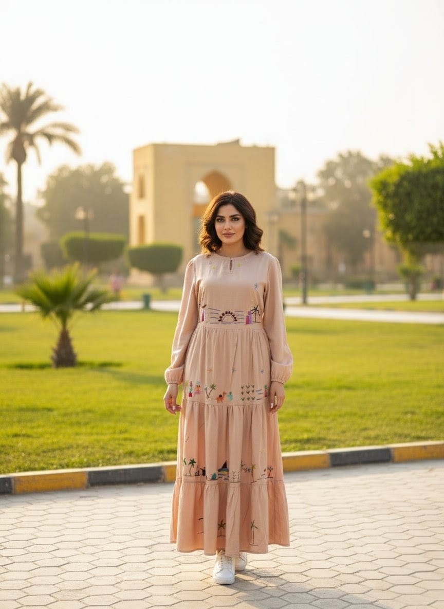 Hand-Made Long Sleeve Cotton Dress | Gallabia - Embroidered - Egyptian traditional designs M04