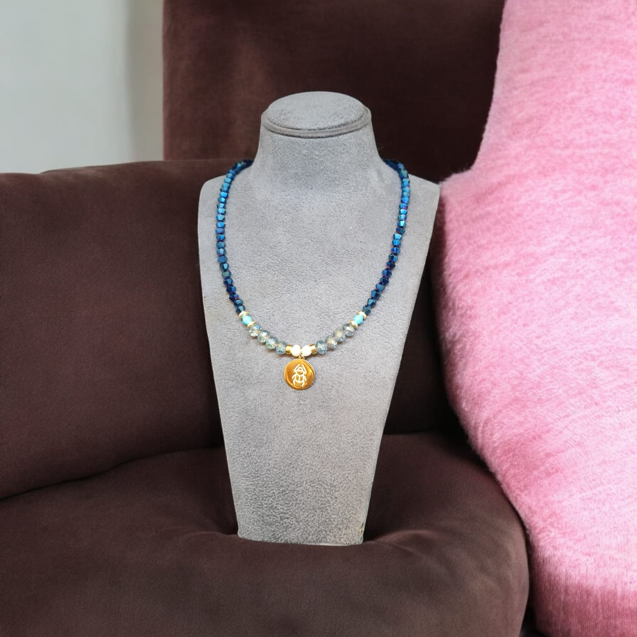 Crystal Beaded Necklace with Gold-Plated Lotus Pendant – Inspired by Egyptian Elegance