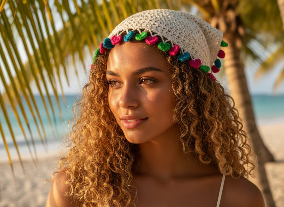 Woman wearing a colorful beanie with palm trees and beach in the background