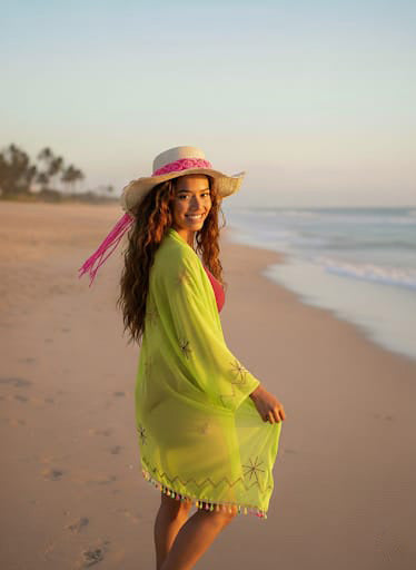 Woman in a yellow cover-up and straw hat on a beach