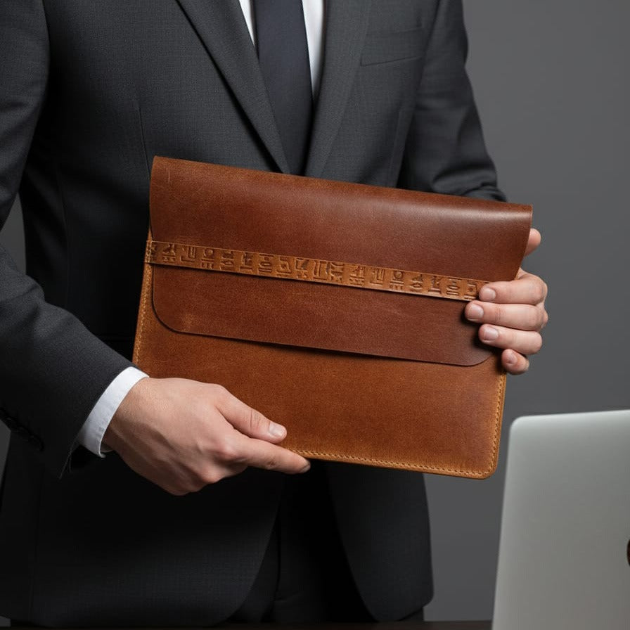 Man in a suit holding a brown leather clutch with a laptop on a gray background