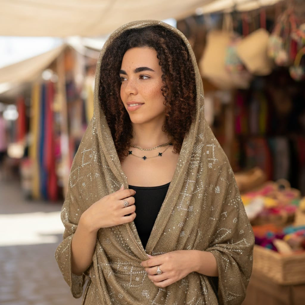 Woman wearing a gold shawl in an outdoor market setting