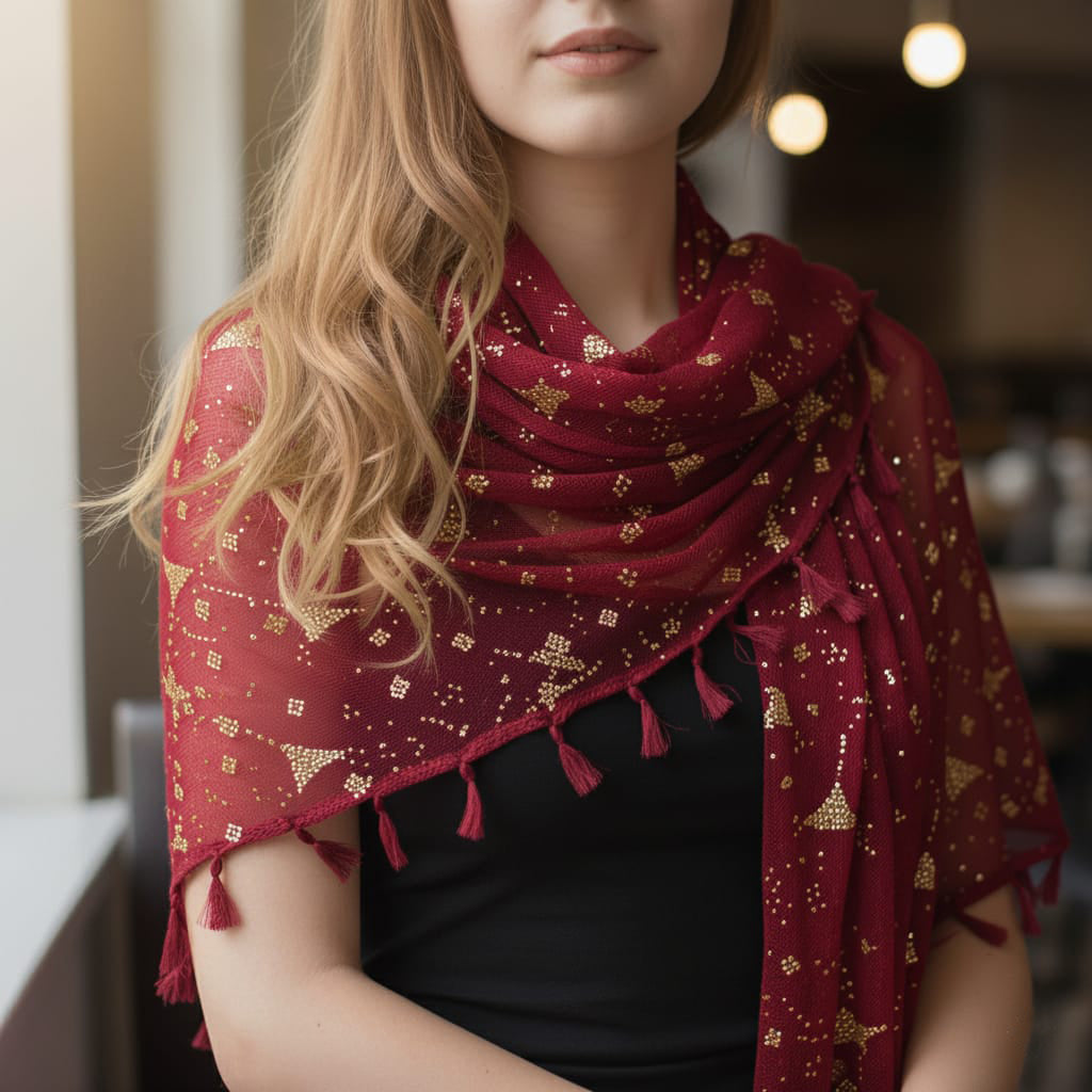 Woman wearing a red patterned scarf with tassels indoors