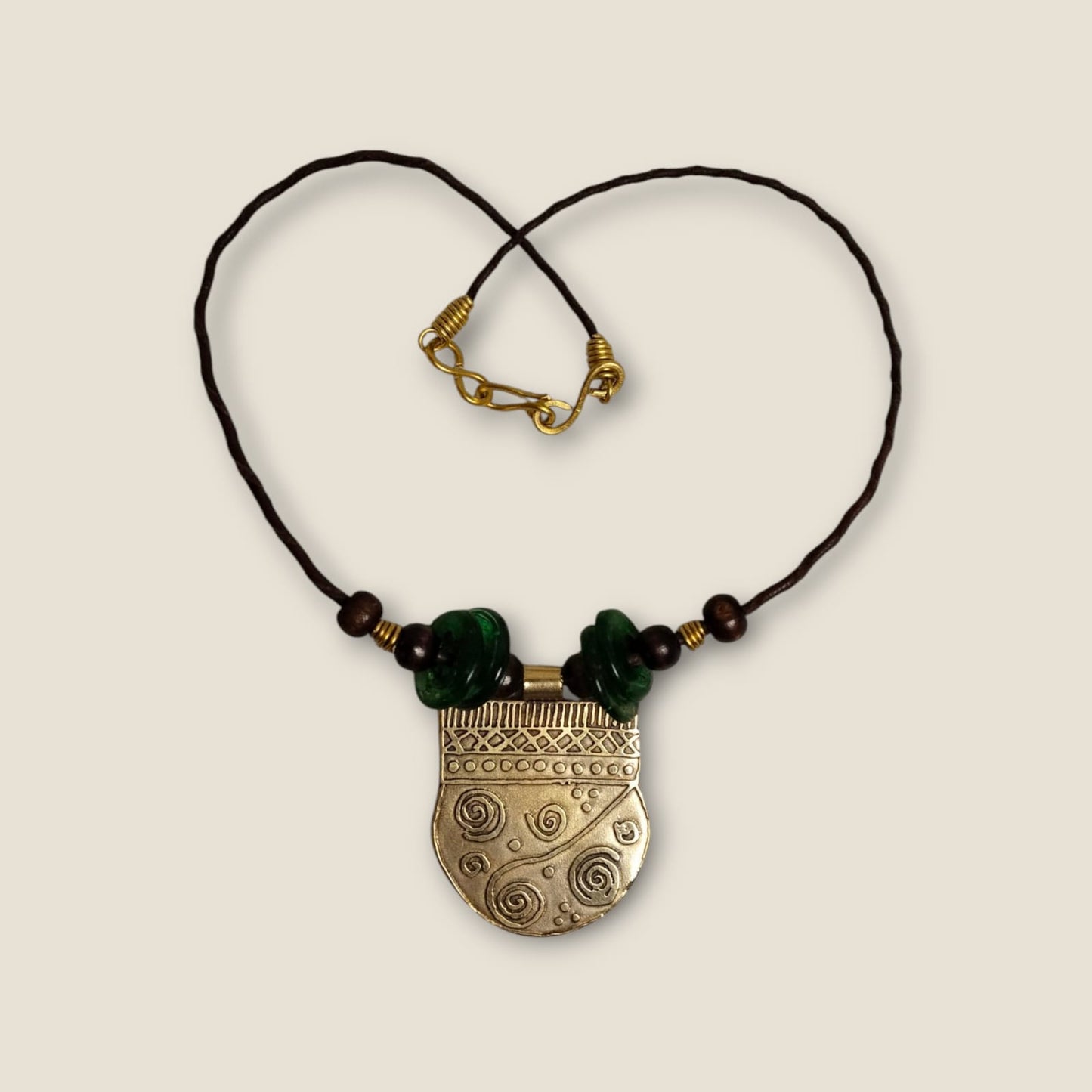 Ancient-Inspired Copper Pendant Necklace with Leather Cord & Gemstone Beads