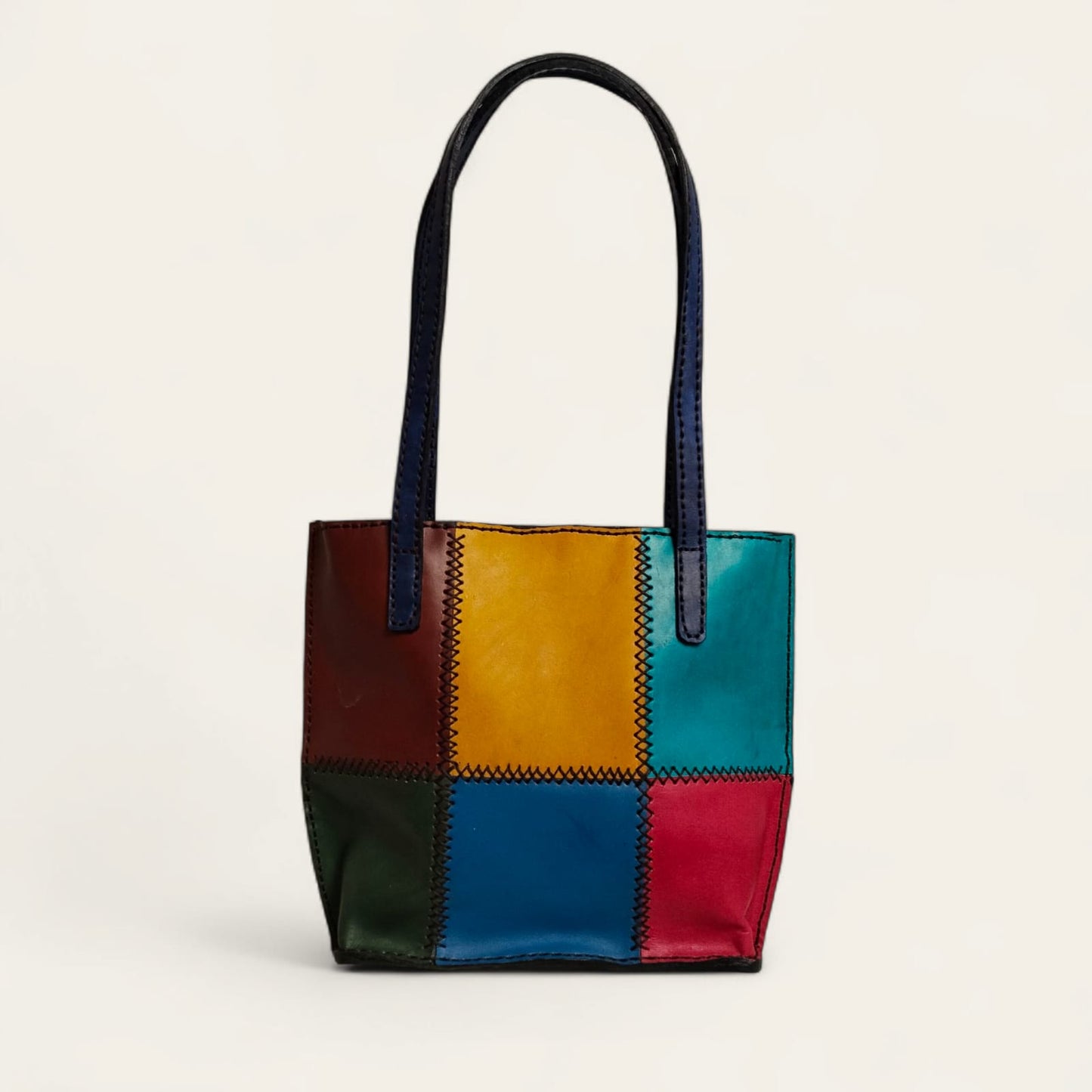 ANKH Hand-Made Genuine Leather Colorful Patchwork Tote Bag