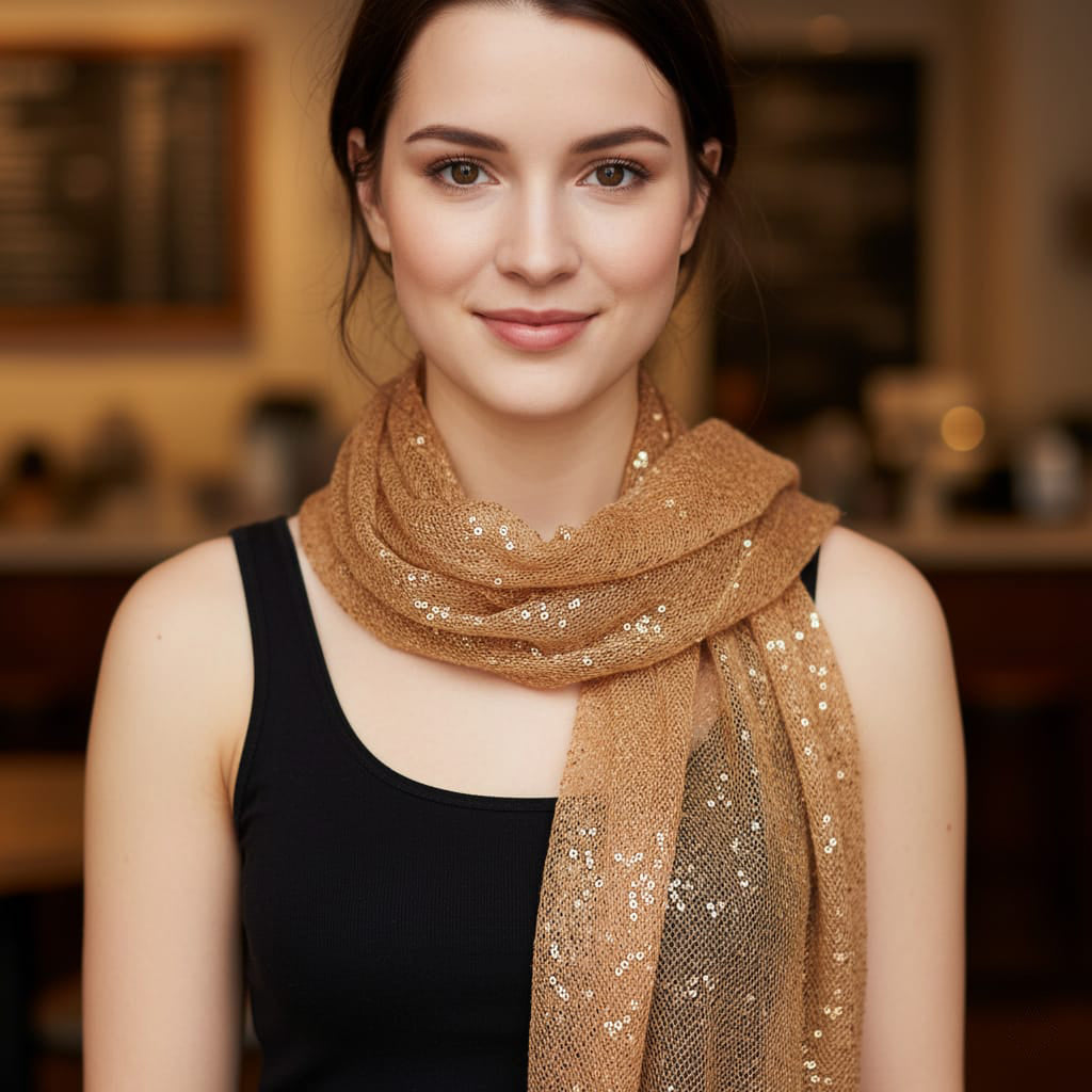 Woman wearing a brown sequined scarf in an indoor setting