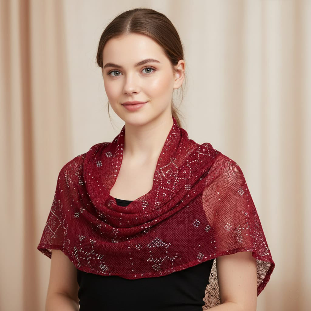 Woman wearing a red shawl with intricate patterns against a beige background