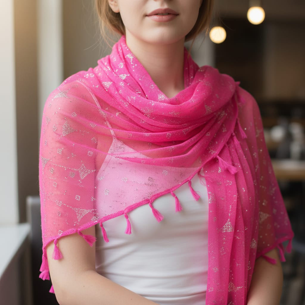 Woman wearing a pink scarf with white patterns indoors