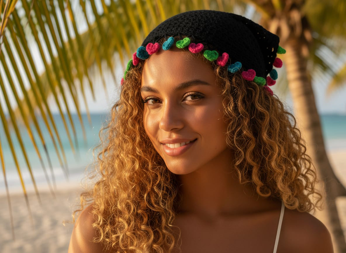Woman with curly hair wearing a colorful headband on a beach