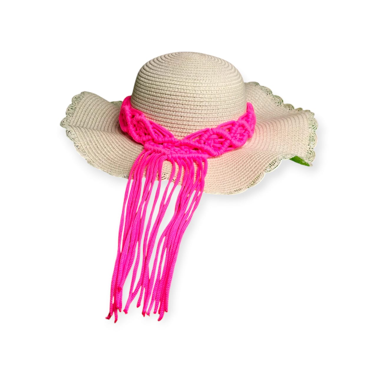 Beige straw hat with a pink scarf on a white background