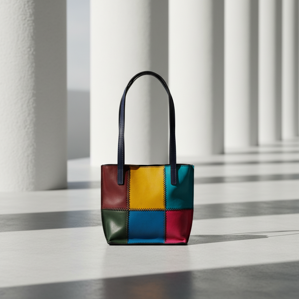 Multicolored patchwork handbag on a light background