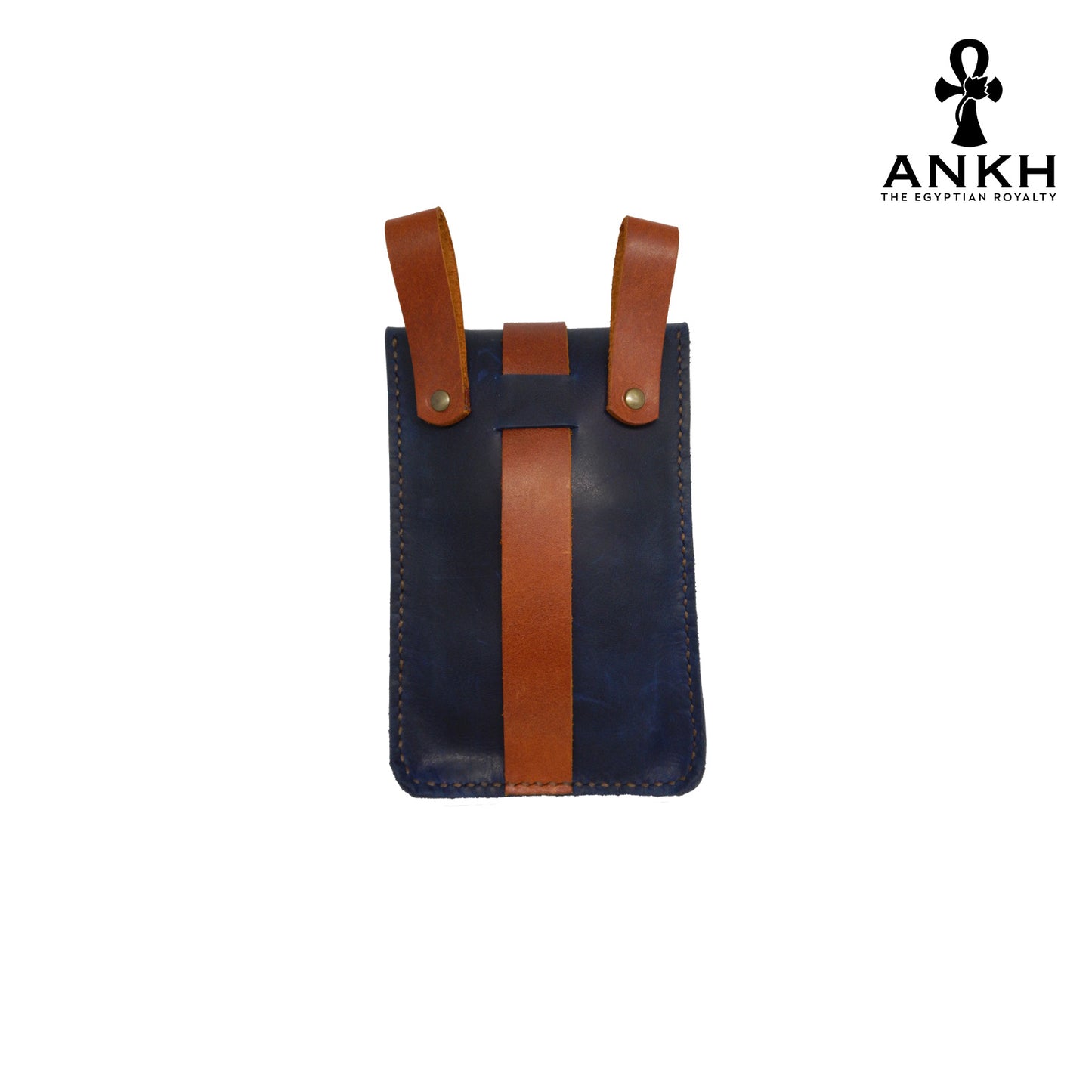 A genuine leather cross bag in dark blue with brown straps and handcrafted brass accessories, displayed on a white background with a black logo of ANKH - The Egyptian Royalty.