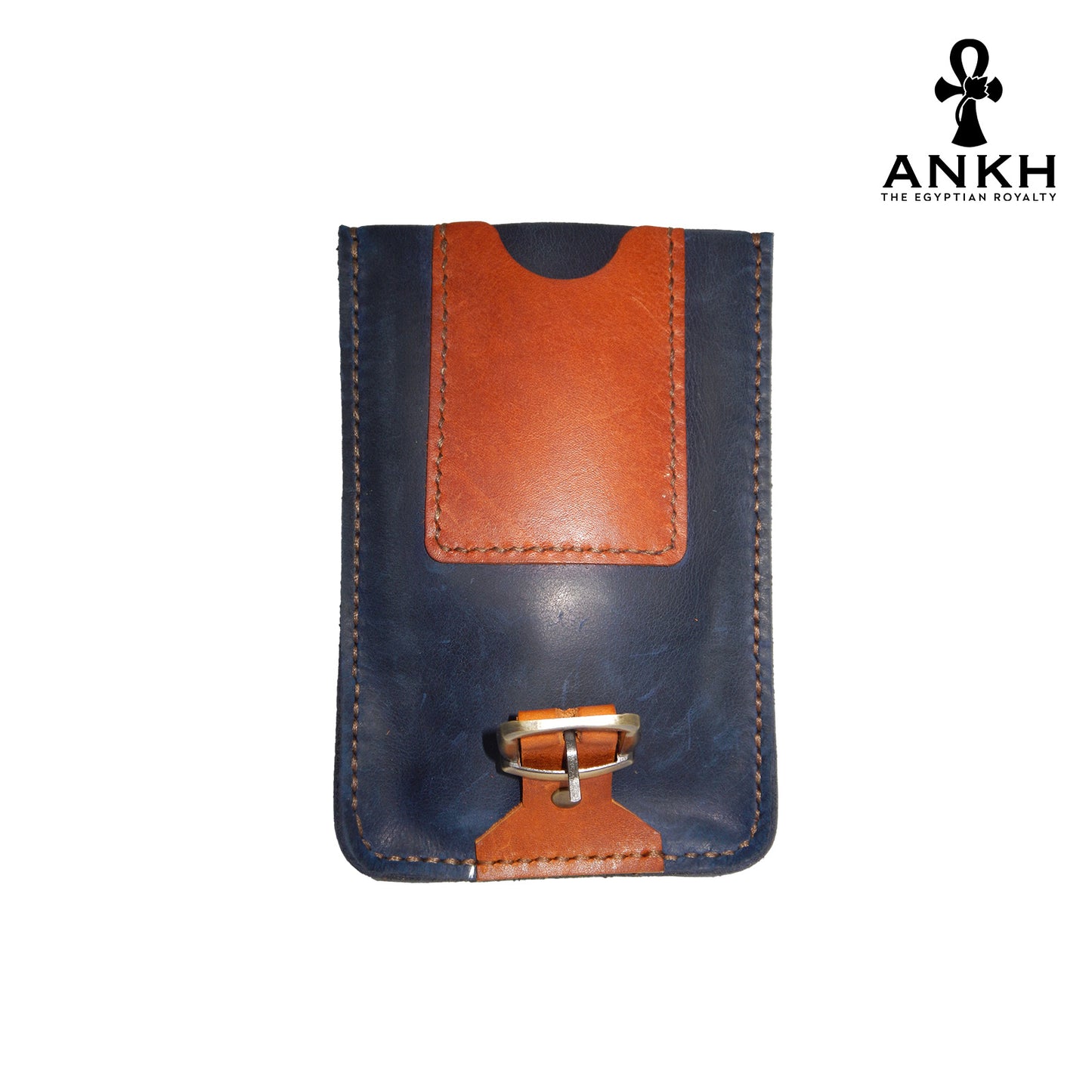 A genuine leather cross bag in dark blue with brown straps and handcrafted brass accessories, displayed on a white background with a black logo of ANKH - The Egyptian Royalty.
