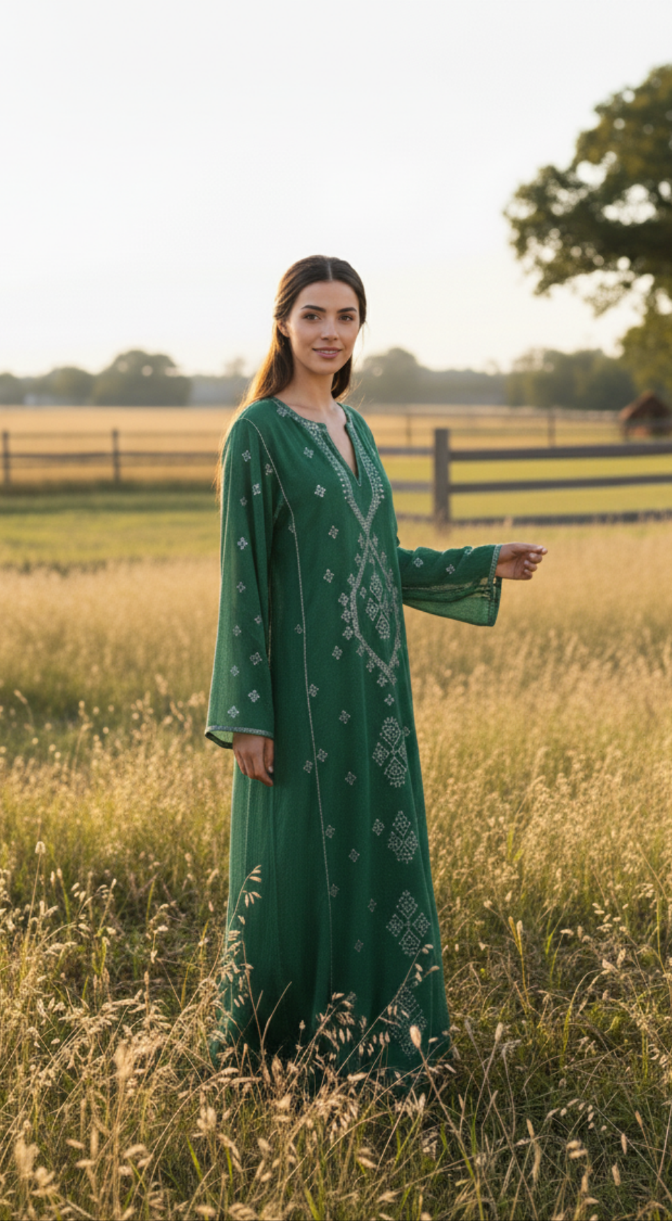 Woman in a green dress standing in a field with a scenic background