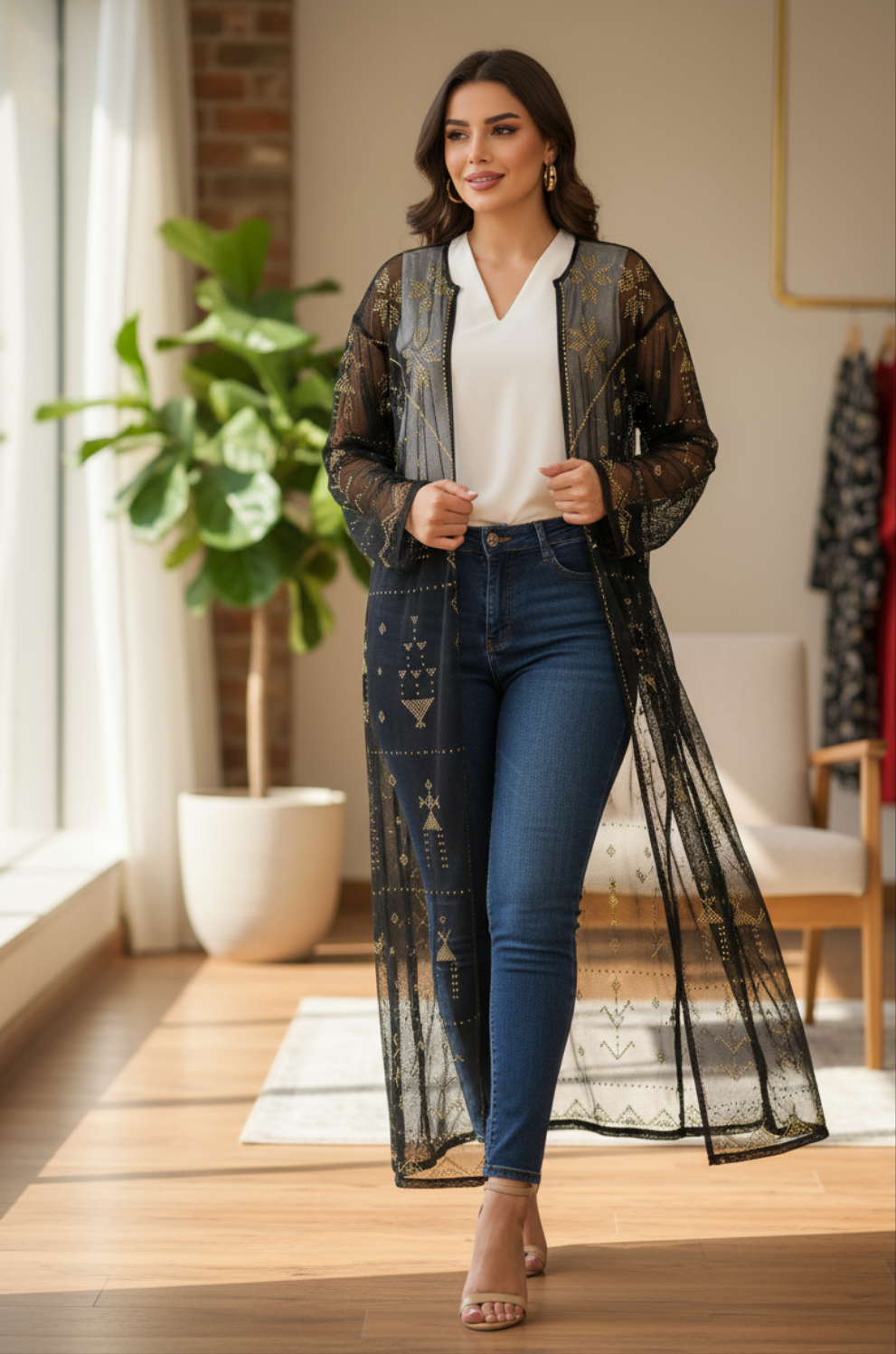Woman wearing a black lace Tally tunic over a white blouse and blue jeans in a modern living room