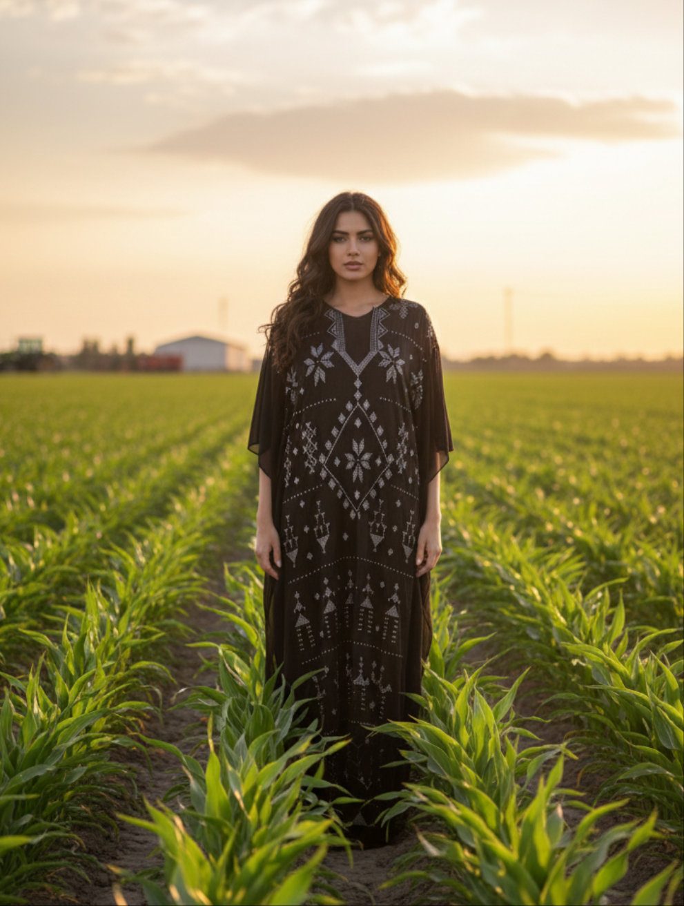 Woman in a black dress standing in a field at sunset