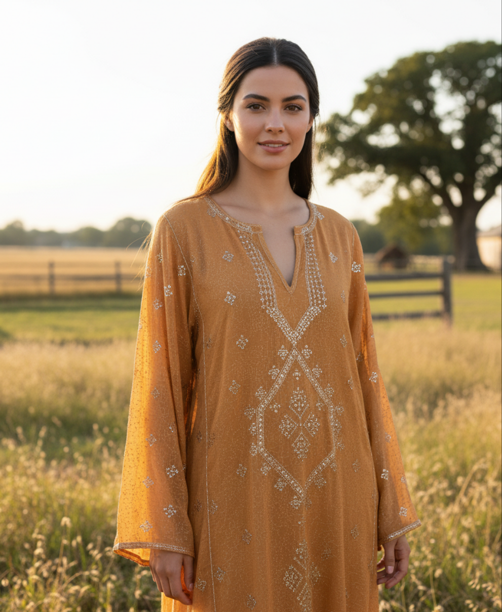 Woman in a mustard yellow dress with intricate patterns standing in a field.