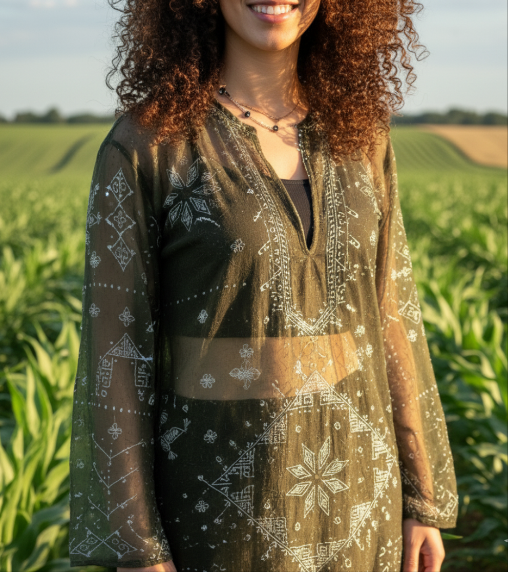 Woman wearing a patterned outfit standing in a field