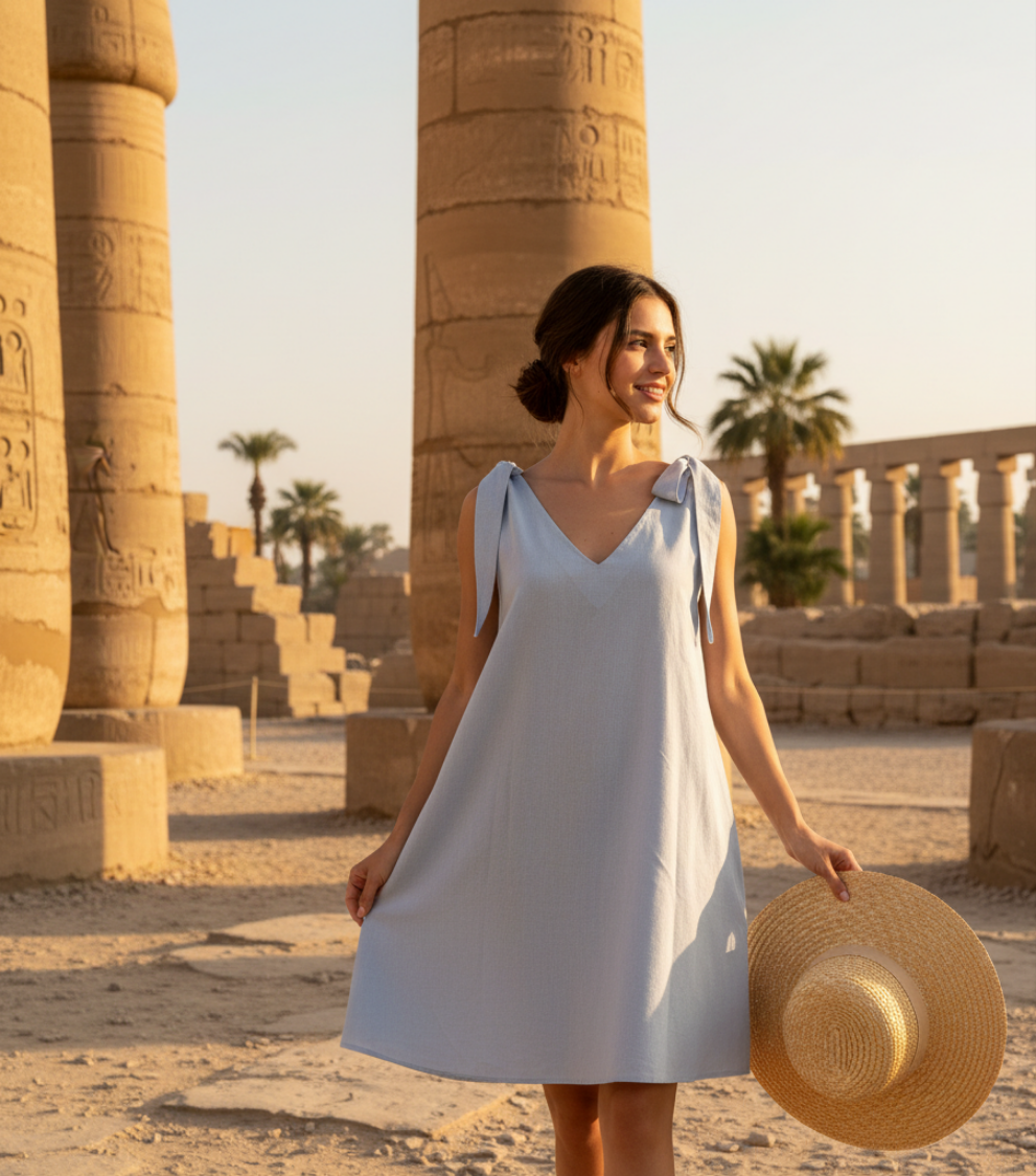 Woman in a white dress standing in front of ancient Egyptian columns with a straw hat.