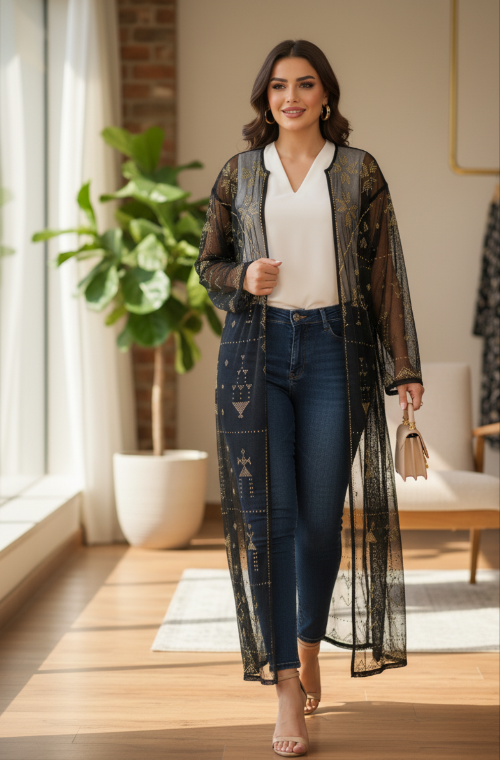 Woman wearing a black lace Tally tunic over a white blouse and blue jeans in a modern living room