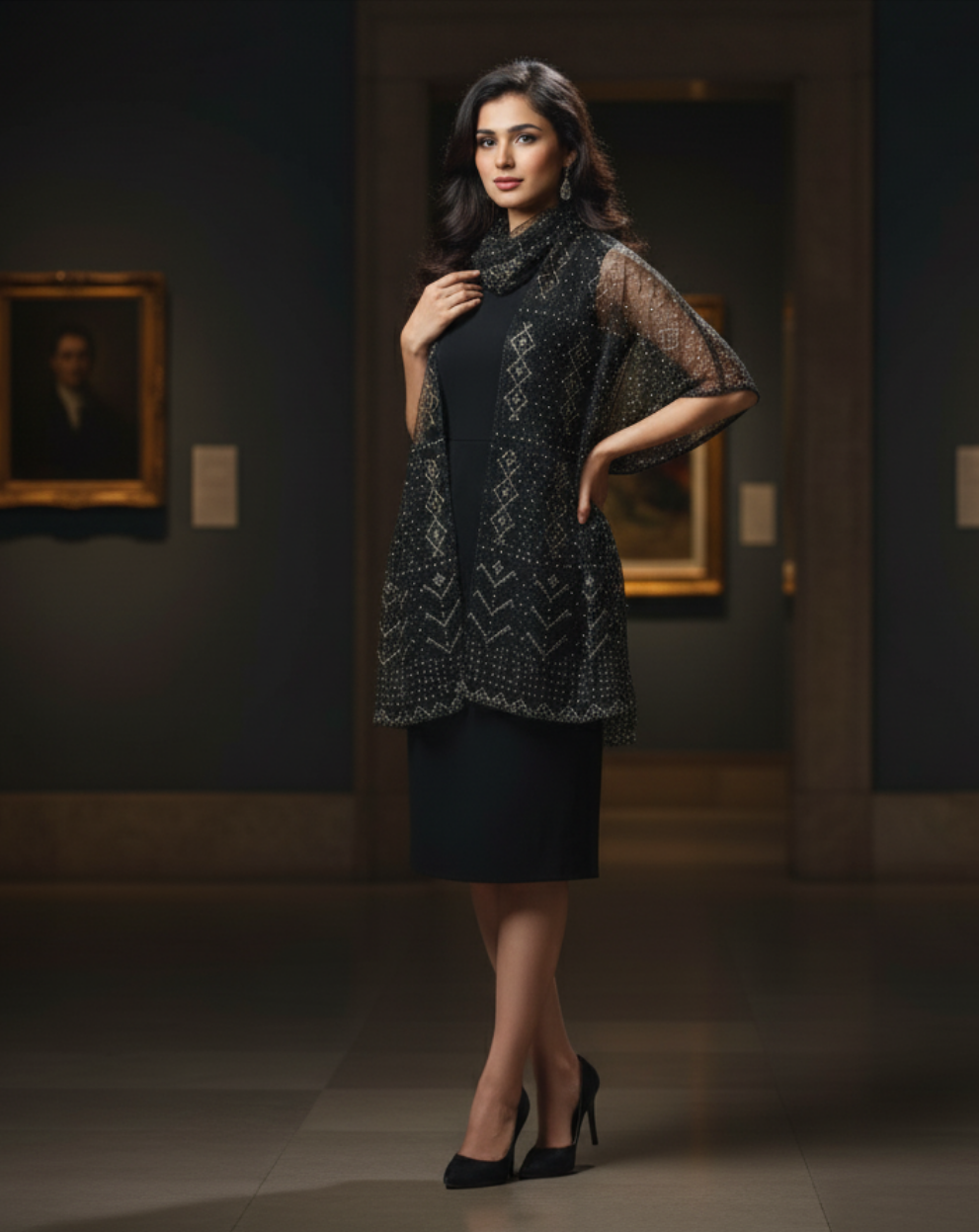 Woman wearing a black dress with a lace shawl in an art gallery setting