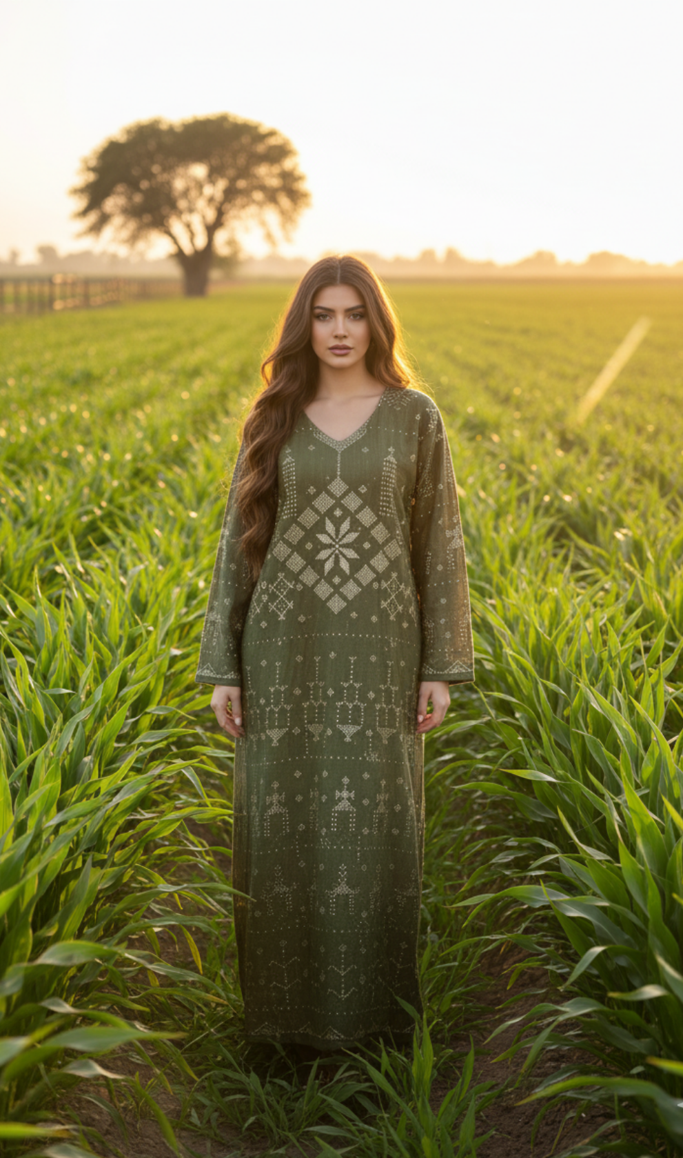 Woman in a long green dress standing in a field with a tree in the background