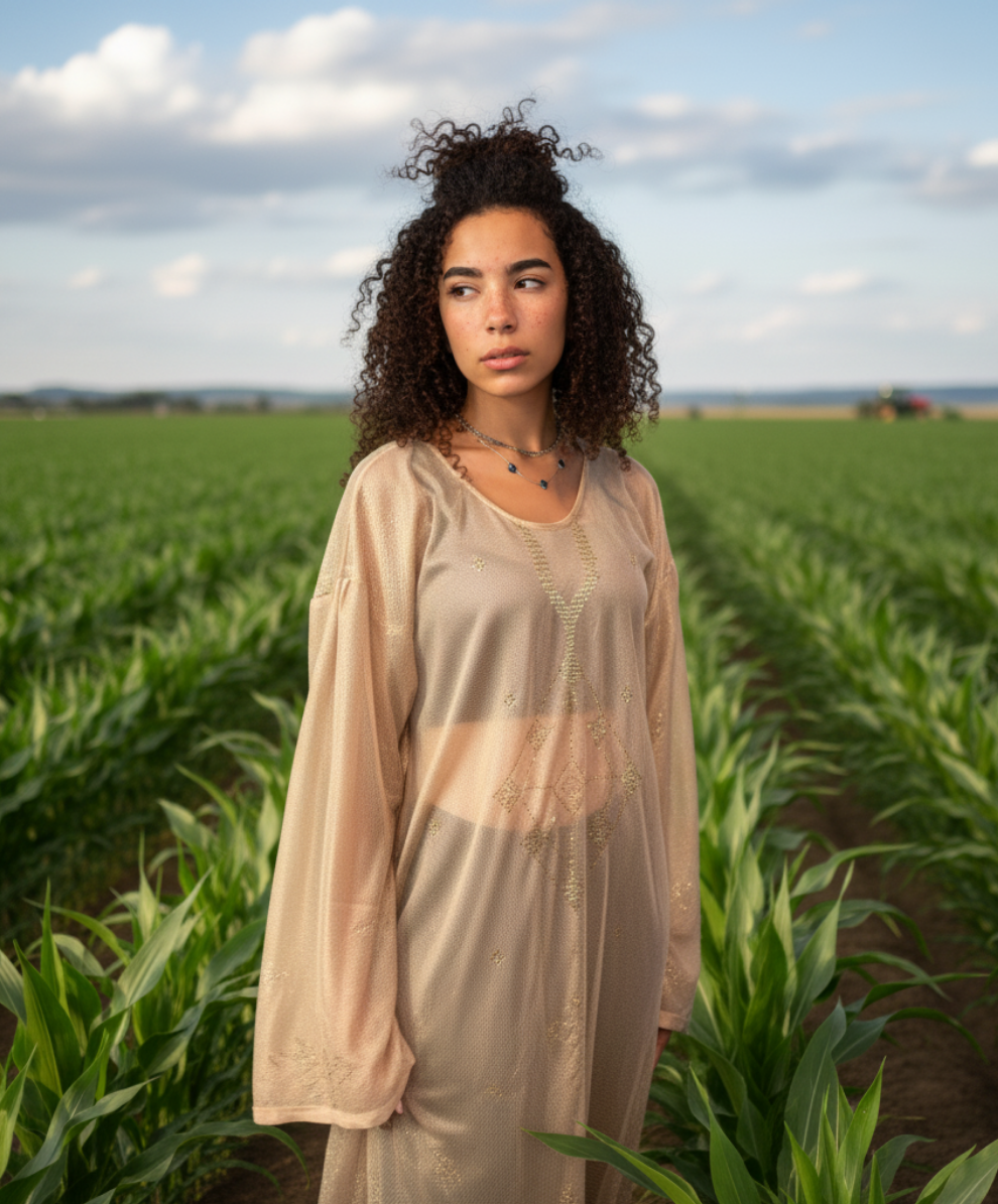 Woman standing in a cornfield wearing a beige outfit