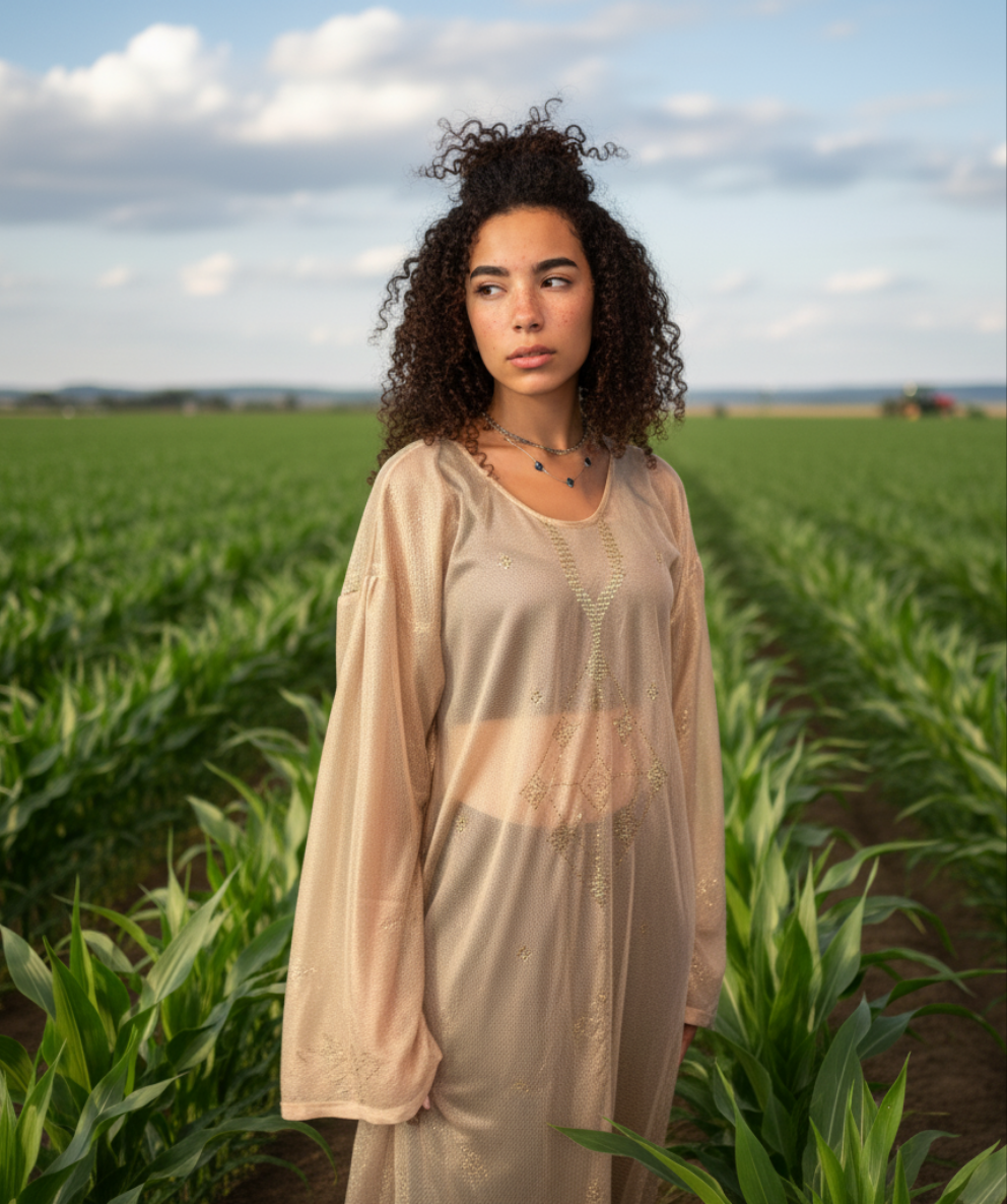 Woman standing in a cornfield with a clear sky