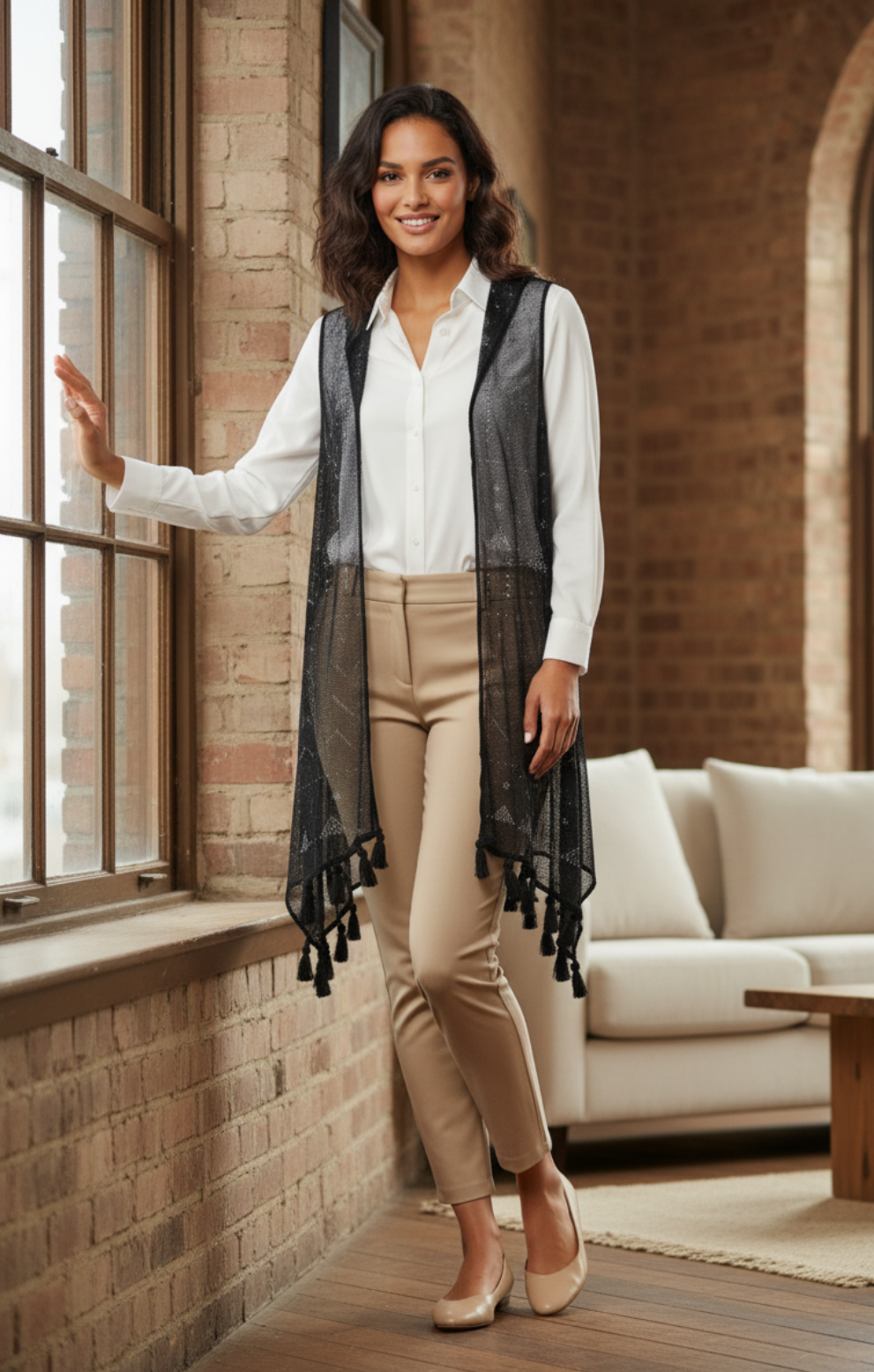 Woman standing in a stylish Tally in living room with a large window.