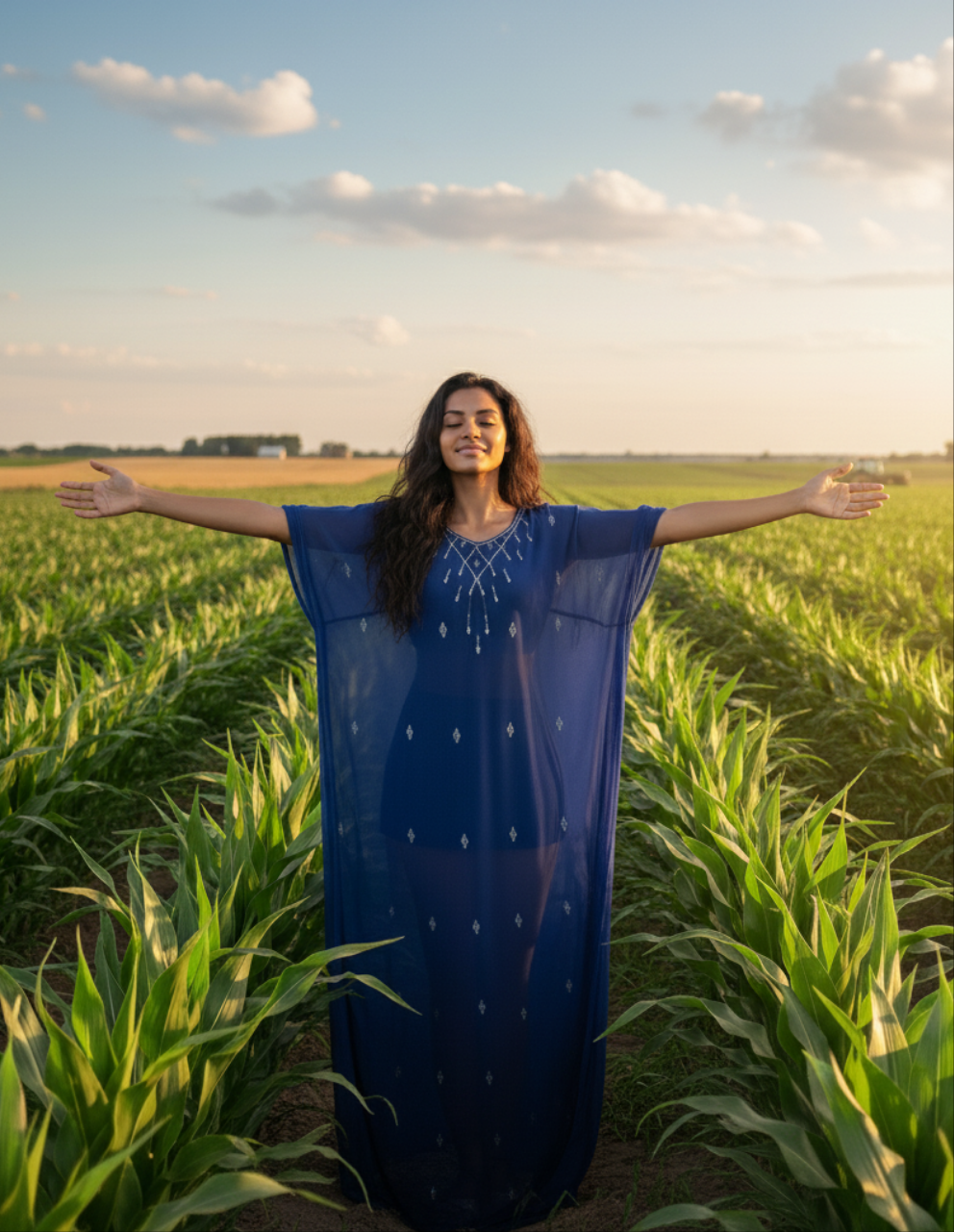 Woman in a blue dress standing in a field with arms outstretched
