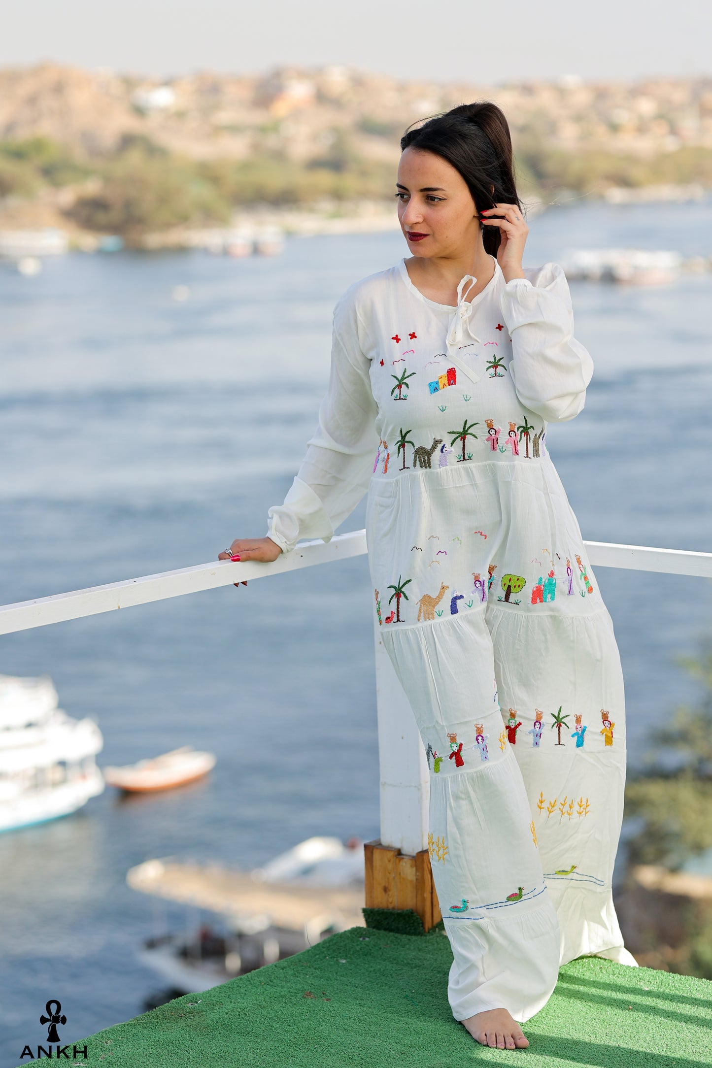Long Dress for women with Egyptian heritage hand-made embroidery by Egyptian brand Ankh Egypt for authentic Egyptian fashion