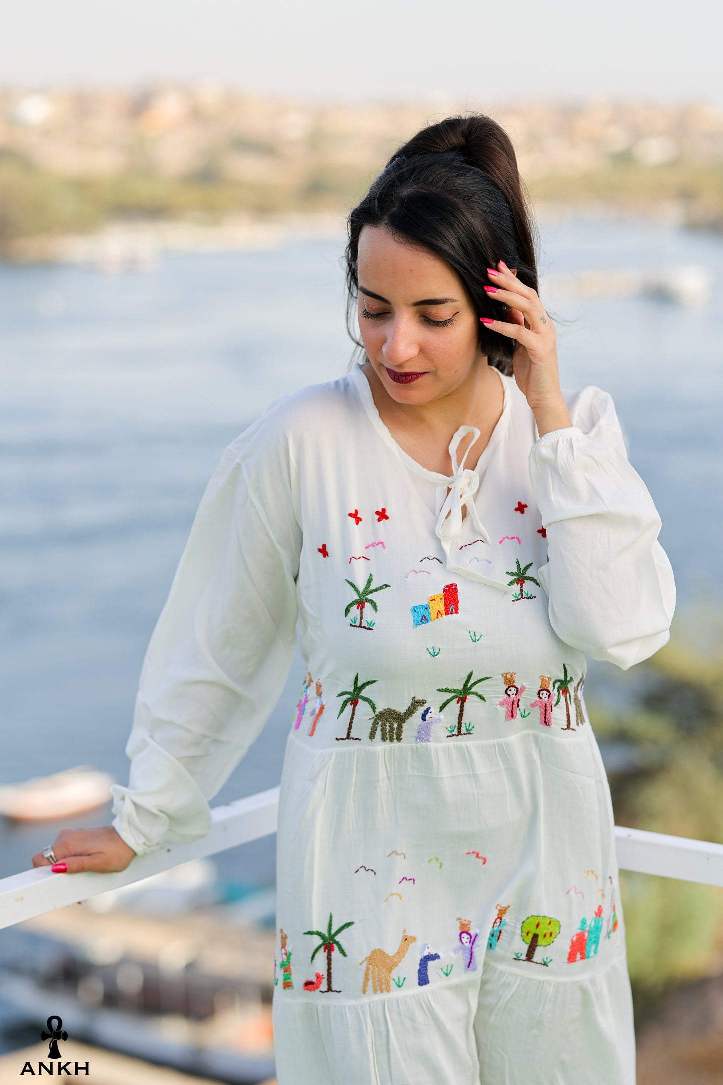 Long Dress for women with Egyptian heritage hand-made embroidery by Egyptian brand Ankh Egypt for authentic Egyptian fashion