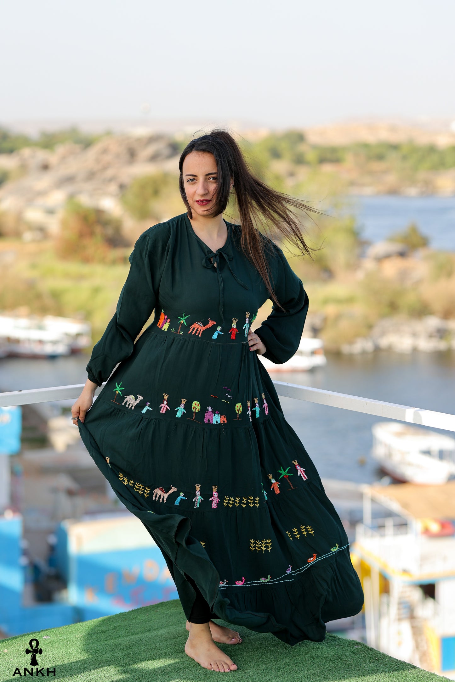 Long Dress for women with Egyptian heritage hand-made embroidery by Egyptian brand Ankh Egypt for authentic Egyptian fashion